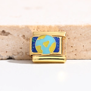 Italian charm link with globe and starry night design on gold stainless steel