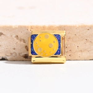 Italian modular charm in gold finish with blue enamel starry sky and yellow planet design