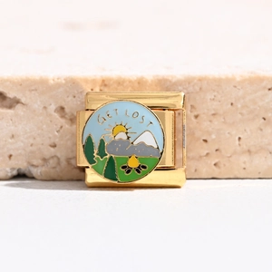 Italian charm bracelet link with gold metal base and Get Lost mountain camping design