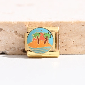 Italian charm with golden metal base featuring enamel island palm tree and wave details