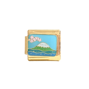 Italian charm bracelet module with golden frame and colorful Mount Fuji enamel design