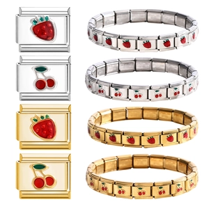 Stainless Steel Italian Charms Modular Bracelet Gold Silver Fruit Cherry Strawberry Enamel DIY Jewelry For Women