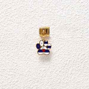 Italian charm pendant with gold paw dangle featuring blue stripes and a red heart