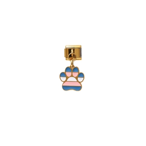 Italian charm bracelet dog paw pendant with transgender pride flag stripes and gold finish