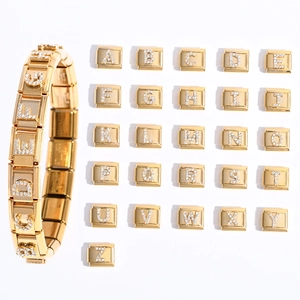 Breloques Italiennes en Acier Inoxydable Plaqué Or Maillons Modulaires Strass Lettres Alphabet pour Création de Bijoux DIY