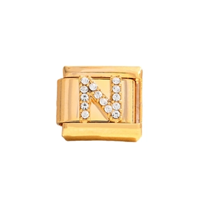 Maillon de bracelet italien plaqué or avec lettre N ornée de cristaux scintillants