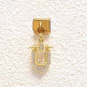 Italian charm bracelet link in gold finish with rectangular zircon and pave rhinestones