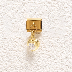 Italian charm link with a gold heart pendant and sparkling heart-shaped crystal