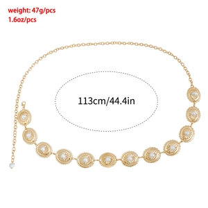 Detail view of heart pearl inlay waist chain with 113cm length and 47g weight data