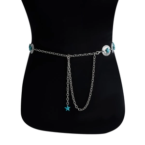 Detail of silver bohemian waist chain featuring turquoise stars and hollow metal discs
