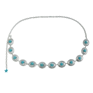 Vintage bohemian silver metal waist chain with turquoise star inlay and embossed charms