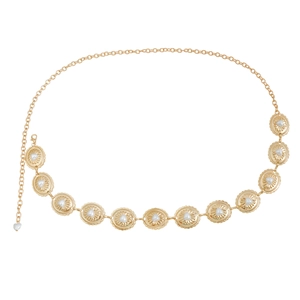 Bohemian gold waist chain with oval pendants and heart pearls for summer outfits