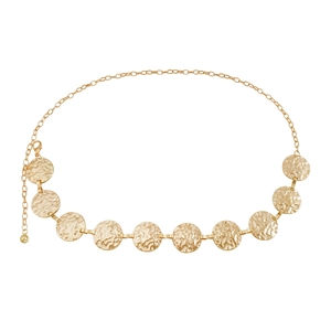 Sexy goldene Bauchkette für Damen mit kreisförmig gehämmerten Metallplättchen auf Weiß