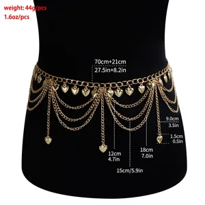 Detailed size chart for heart tassel waist chain showing lengths and component dimensions