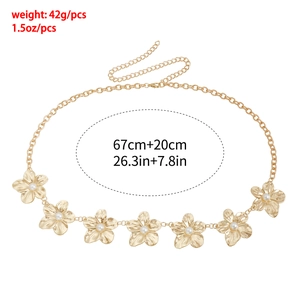 Détail de la chaîne de taille fleurs en métal doré avec perles et dimensions