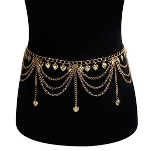 Gold multi-layer heart pendant tassel waist chain for women on a black mannequin