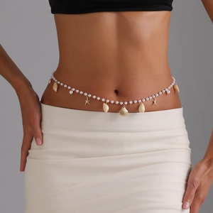 Elegant pearl waist chain with gold starfish and seashell pendants for summer beach outfits