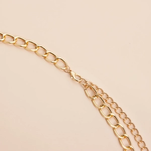 Detailed macro of golden metal chain belt featuring lobster clasp and link texture