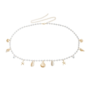 Minimalist summer pearl waist chain with golden starfish and seashell ocean charms