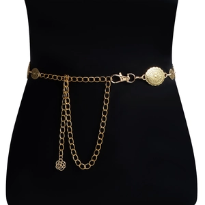 Detail of vintage gold waist chain featuring embossed medals and a rose pendant