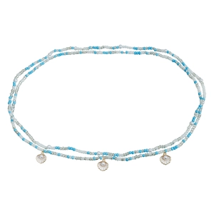 Summer beach double-layer waist chain with blue beads, pearls, and gold-rimmed shell pendants
