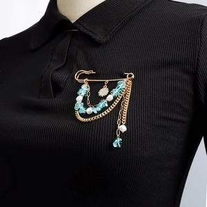 Broche Épingle de Sûreté en Or Bohème Avec Pendentif Soleil Chaîne Multicouche Pierre Bleu Clair Künstliche Perle Bijoux Vintage Femme
