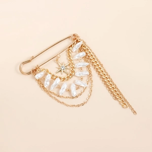 Retro multi-layered gold brooch with star pendant, tassels and baroque pearls