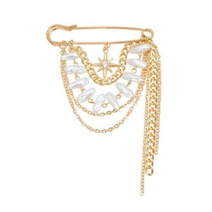 Vintage multilayer brooch with golden chains, baroque pearls and rhinestone star pendant