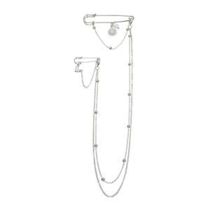 Silver multilayer chain brooch with heart and sunflower charms on white background