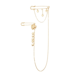 Golden heart pendant brooch set with double safety pins and long linking chains