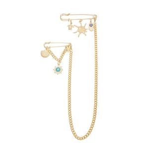 Broche double épingle dorée avec pendentifs tortue de mer coquillage et palmier