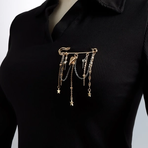 Alloy Metal Multi Layer Chain Tassel Safety Pin Brooch With Heart Star Moon Bird Bear Flower Charms For Women Accessories