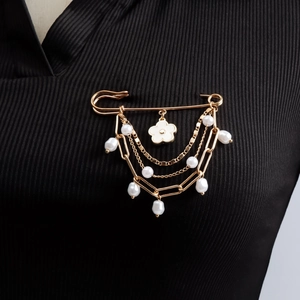 Golden multi-layer chain brooch with white faux pearls and flower on black fabric
