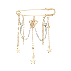Gold and silver safety pin brooch with hanging chains, stars, and heart charms for suits