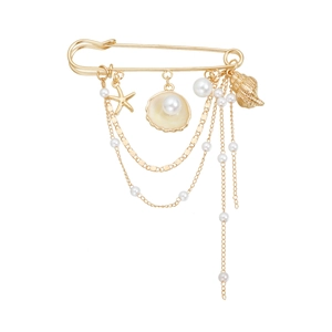 Broche dorée étoile de mer et coquillage avec perles et breloques de style marin
