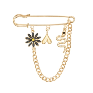 Broche épingle dorée avec marguerite en émail, cœur et pendentifs de serpent en cristal