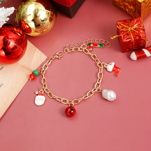 Weihnachtliches Bettelarmband mit Weihnachtsmann, Glocke und Perlenanhängern in Gold