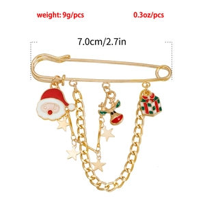 Detailed view of Santa and reindeer Christmas brooch with gold chains and measurements