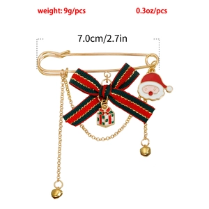 Detail of Christmas Santa brooch with striped bow, bells and 7.0cm size specifications