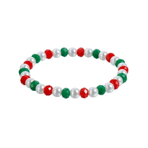 Dettaglio del bracciale natalizio con perline rosse, verdi e bianche riflettenti