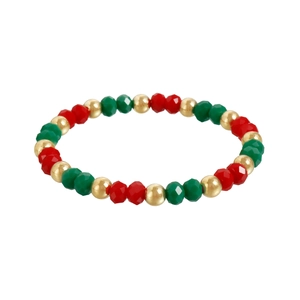 Dettaglio del bracciale con perline sfaccettate rosse e verdi e dettagli dorati