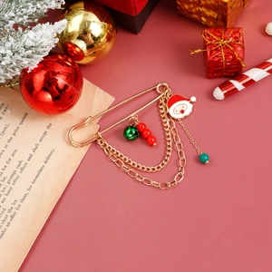 Christmas Santa Claus brooch pin with red green beads and double golden chains