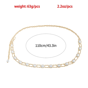 Detail of gold metal belt with pearls showing 110cm length and 63g weight specs