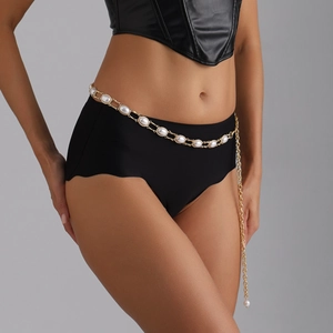 Women Vintage Gold Metal Waist Chain Belt With Oval White Faux Artificial Pearl Inlaid Geometric Link Chain Body Jewelry For Party