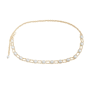 Golden geometric metal waist chain with oval pearl accents on a clean white background