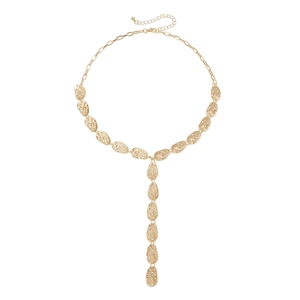 Gold-toned hammered metal leaf Y-necklace with elegant cascading oval link chain