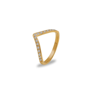 Detailaufnahme eines roségoldenen V-förmigen Chevron-Rings mit Zirkonia-Mikropavé-Besatz