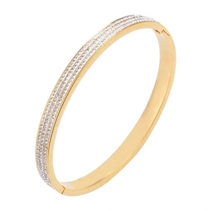 Elegant gold titanium steel bangle for women featuring three rows of sparkling rhinestones