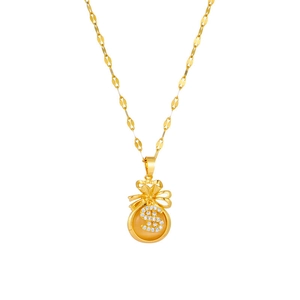 Golden money bag pendant necklace with sparkling dollar sign and yellow cat eye stone