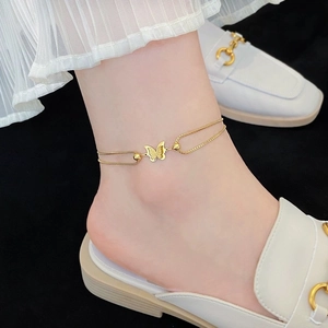 Elegante tobillera de mariposa en oro de 18k con cuentas pulidas para mujer